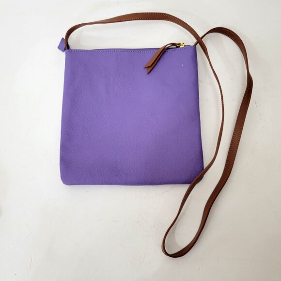 Joy Mangano Crossbody Bag Purple Faux Leather With Brown Strap Gold Zipper & Fro - Picture 2 of 6